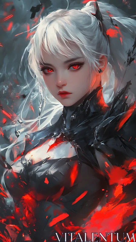 Fiery eyed cyber sorceress rises from swirling crimson shards