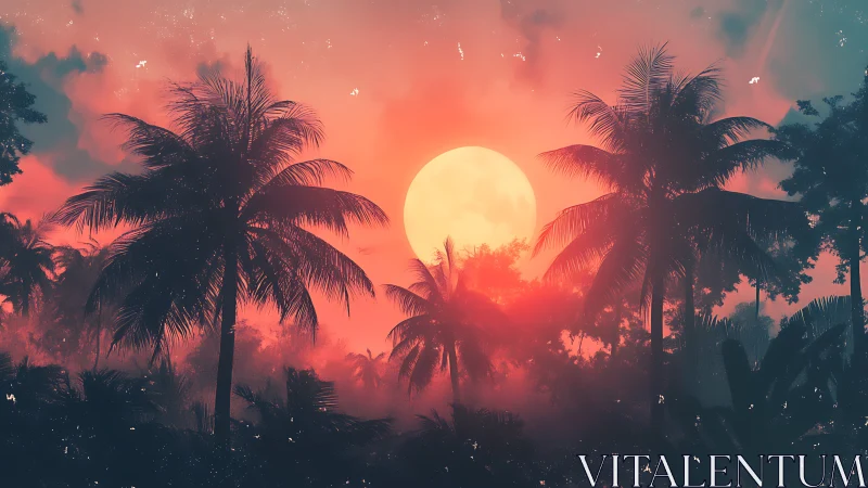 Moonlit tropical palms soaked in dreamy neon haze.