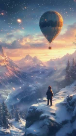 Snowy mountain child peacefully watching a glowing hot air balloon