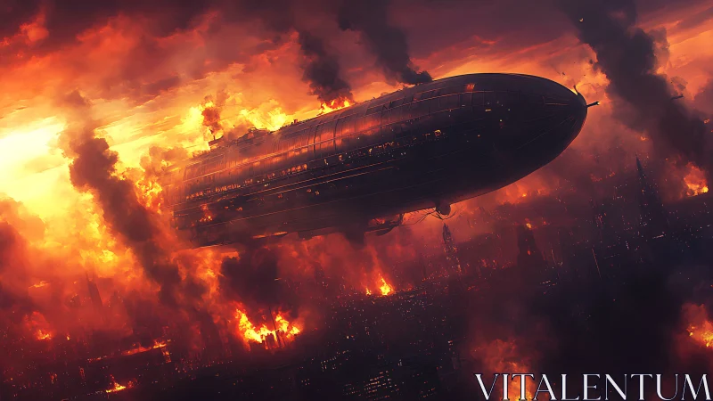 Gigantic armored airship crosses burning dystopian megacity sky