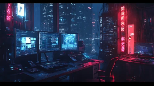 Cyberpunk surveillance command hub in neon blue and red lighting.