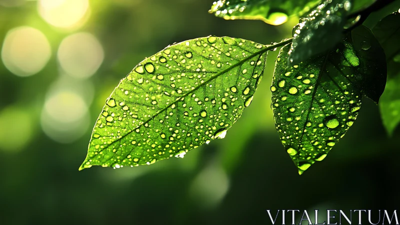 Close-up green leaves with fresh raindrops in sunlight.