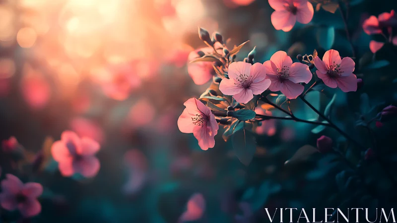 Pink Flowers in Warm Backlit Garden Setting.