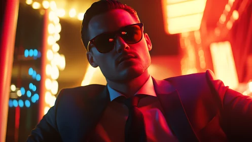 Neon-lit man in tailored suit embodies cinematic cyber-noir cool