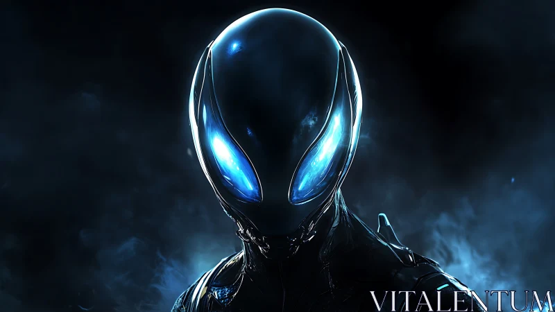 Synthetic humanoid figure with illuminated blue visor eyes.