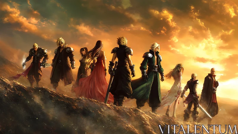 Fantasy warriors cross blazing ridge under cinematic sunset.