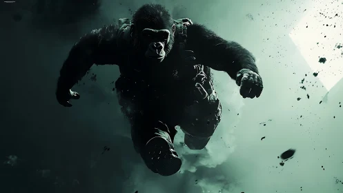 Armored cyber gorilla leaping through smoky teal void.