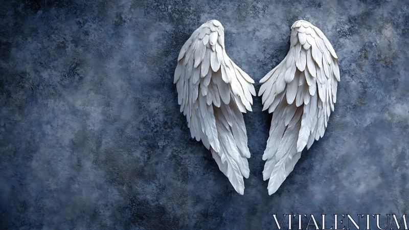 Silent alabaster angel wings on storm-touched indigo wall.