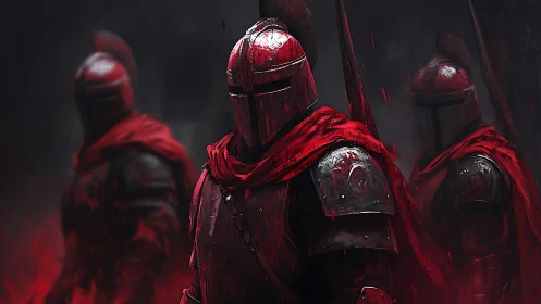 Armored red-cloaked knights emerge from smoke in high-contrast digital painting