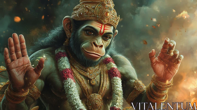 Hyperreal simian deity portrait with ceremonial regalia.