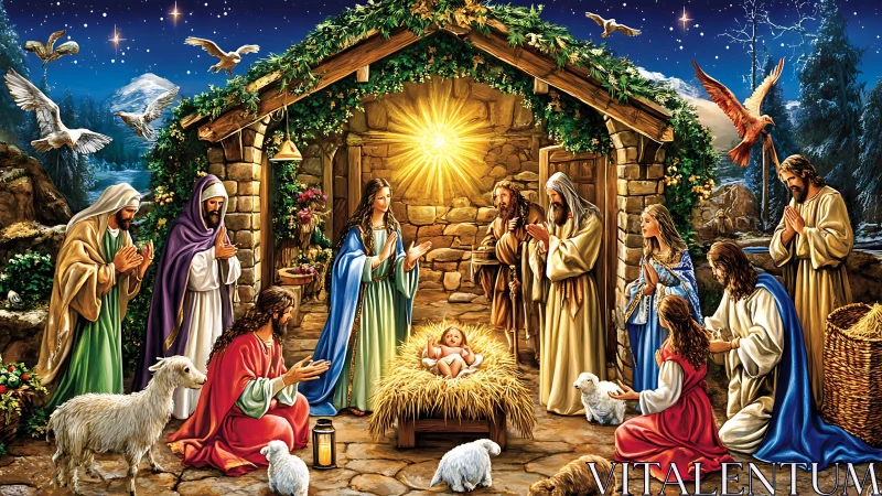 Radiant nativity scene glows under a peaceful winter night