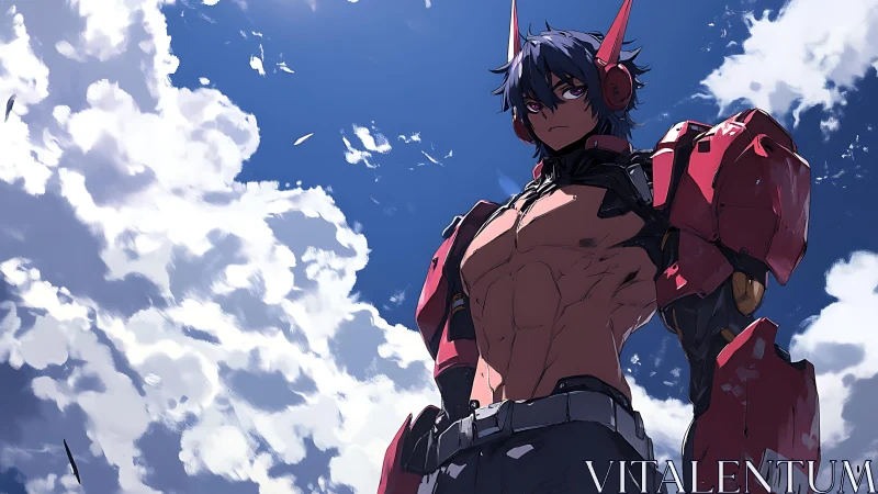 Armored anime warrior dominates low-angle skyward composition