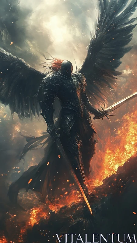 Dark armored angel stands over burning battlefield with swords