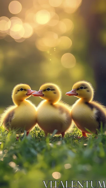 Three fuzzy ducklings huddle together in golden evening light.