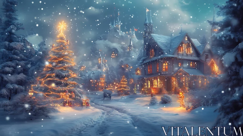 Snowy Christmas village glows with warm festive lights