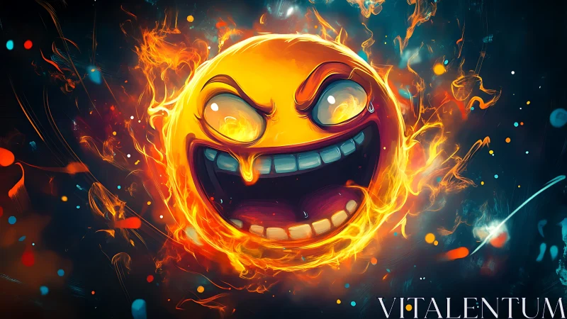 Fiery laughing emoji blazes with chaotic neon energy.
