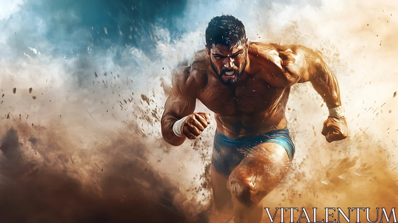 Muscular sprinter bursts through dust with dynamic energy.
