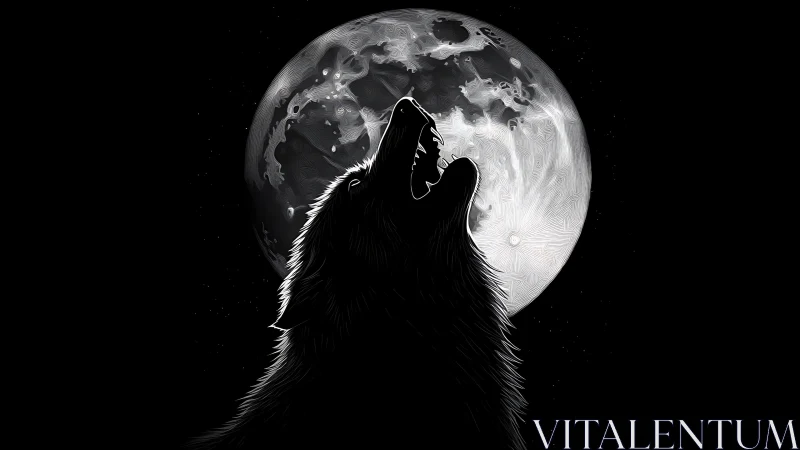 High-contrast wolf silhouette against textured lunar disc illustration.