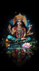 Hindu goddess figure seated on lotus pool with reflection.