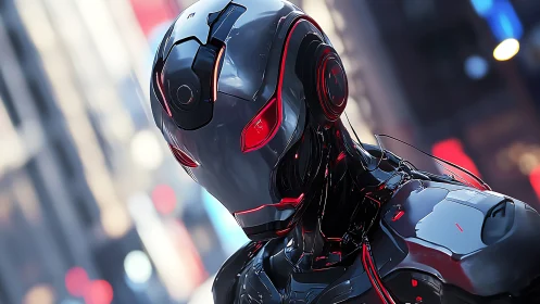 Futuristic combat android rendered with reflective hard-surface armor