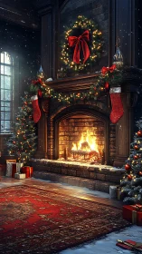 Festive hearth interior renders detailed holiday fireplace scene