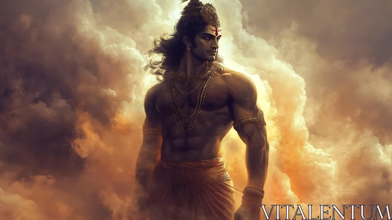 Muscular mythic figure stands in clouds with dramatic lighting