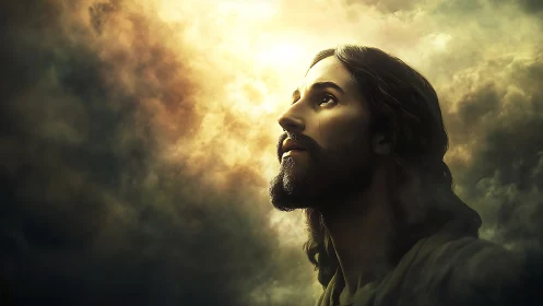 Bearded man gazing upward amid dramatic luminous clouds.