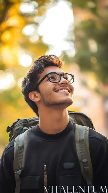 Bright-eyed traveler smiles upward under soft golden light