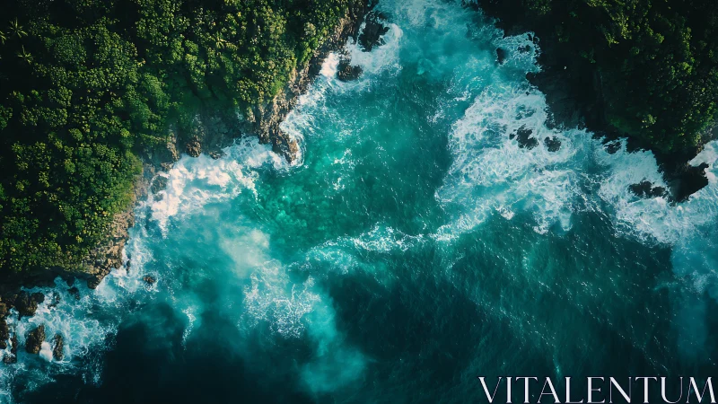 Tropical cliffline meets turquoise surf in aerial seascape.