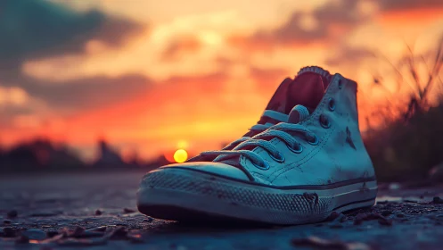 Photorealistic street sneaker study against glowing sunset sky.