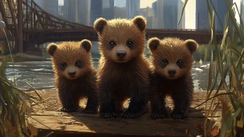 Three bear cubs on riverbank before urban skyline at dusk.