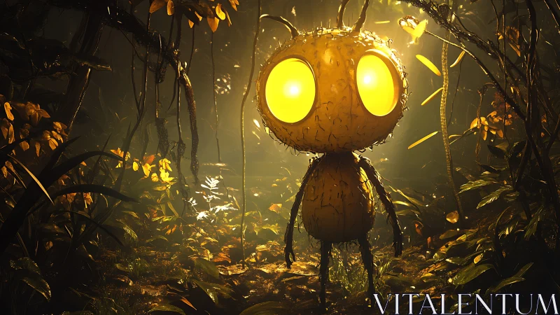 Glowing forest creature with luminous eyes in jungle night.