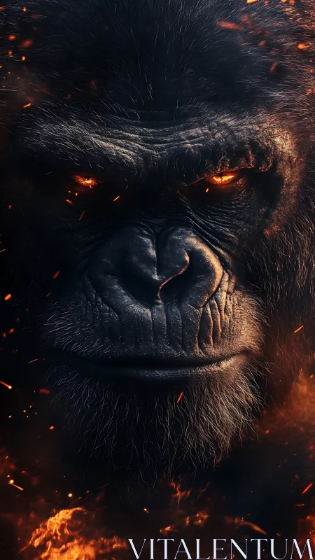 Volcanic-eyed simian portrait in combustion-toned chiaroscuro.