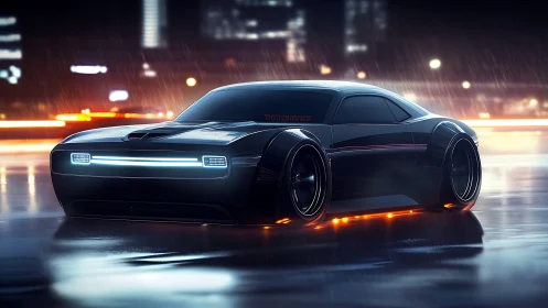 Cyberpunk muscle coupe on neon-soaked rain city roadway.