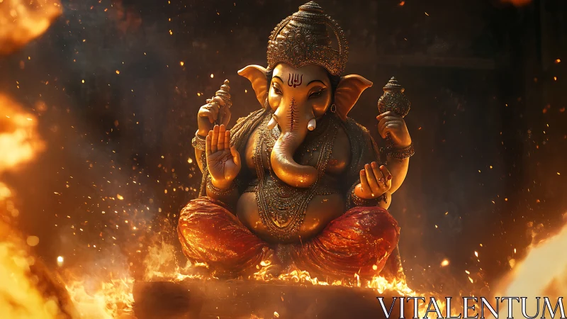 Elephant-headed deity statue sits amid controlled flames