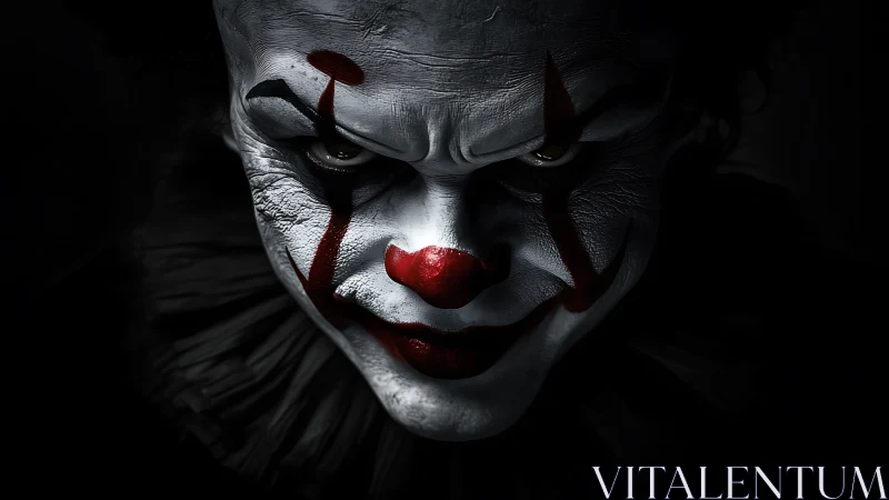 Sinister clown portrait emerges from shadowy darkness