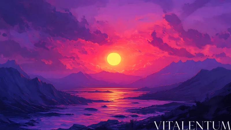 Vibrant violet sunset over tranquil digital seascape.