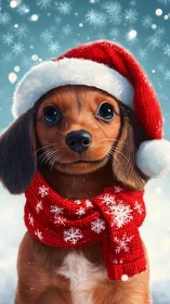 Digital painting portrait of festive dachshund in winter scene.
