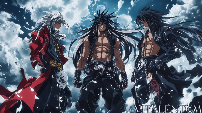 Stormborn warriors under a shattered heaven of drifting steel clouds.