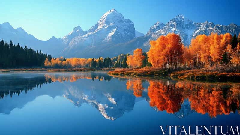 Golden autumn trees by calm mountain lake at sunrise.