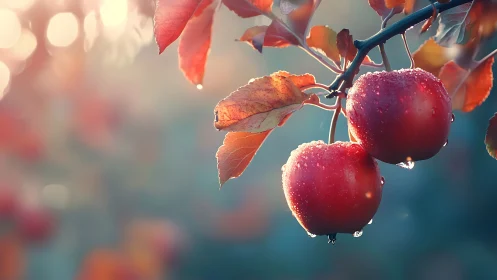 Autumn apples glisten on a branch in soft morning light.
