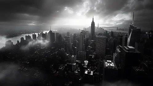 Monochrome city skyline stands under dense storm clouds