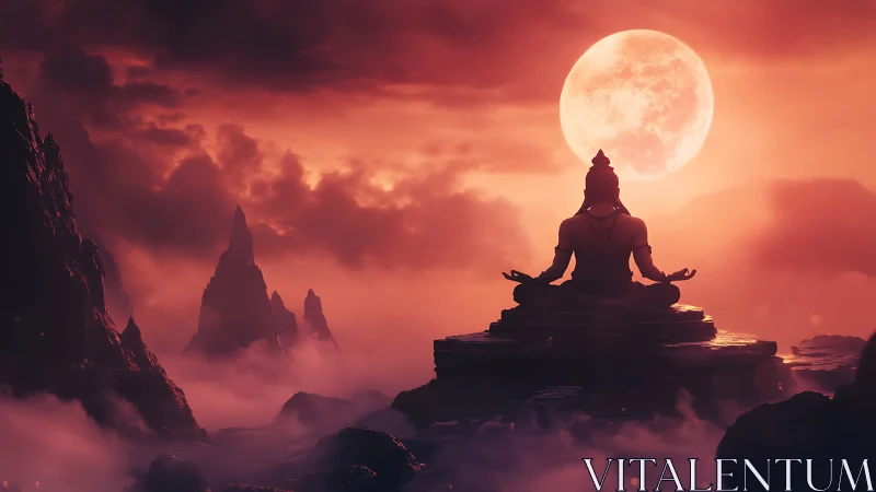 Silhouetted yogic figure meditates before an immense lunar disc