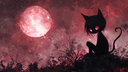 Shadow cat silhouette stares at blood moon over dark forest
