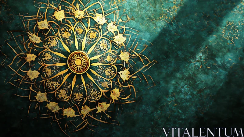 Ornate gold mandala on distressed teal textured ground.