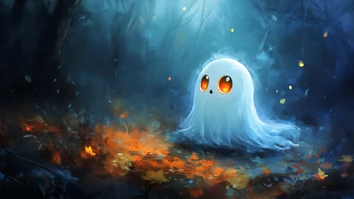 Small glowing-eyed ghost sits in a dark autumn forest
