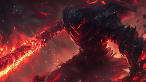 Armored shadow warrior with molten sword in fiery scene.