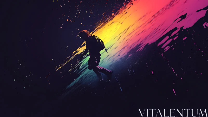 Astronaut drifts through a neon supernova of liquid color.