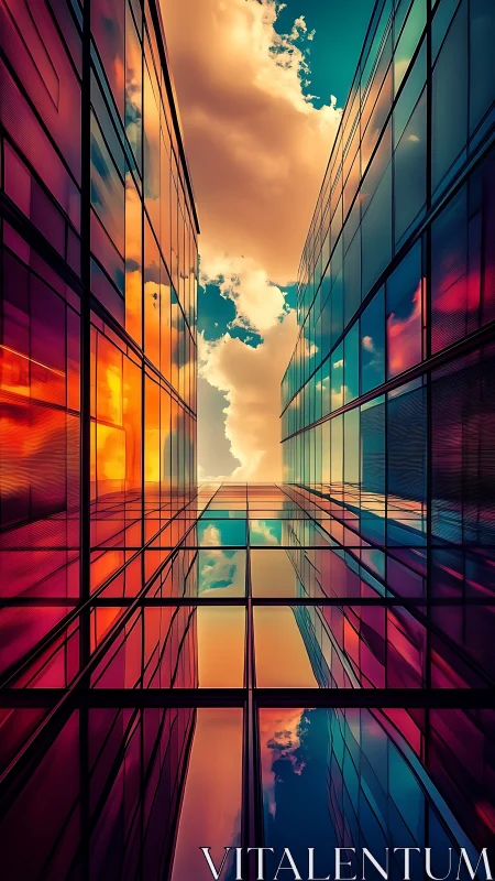 Glass towers reflect vivid sunset sky between facades