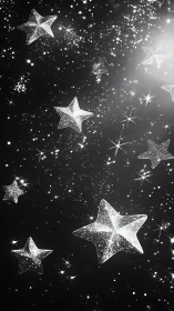Glittering silver starfield with bokeh particles on black ground